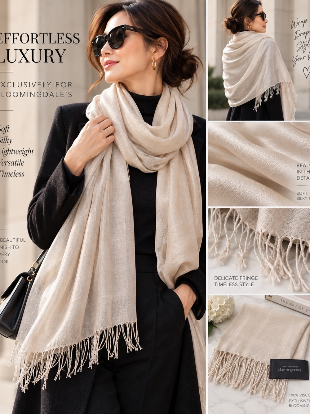 Bloomingdale’s 100% Viscose Silky Champagne Oversized Scarf Wrap